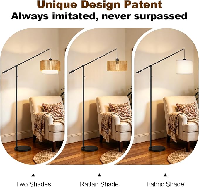 【Upgraded】Boho Dimmable Floor Lamps with Adjustable Swing Arm, 1100 Lumens Bulb Included, Modern Standing Lamp with Rattan & Fabric Shades, Farmhouse Tall Arc Floor Lamp for Living Room Bedroom, Black