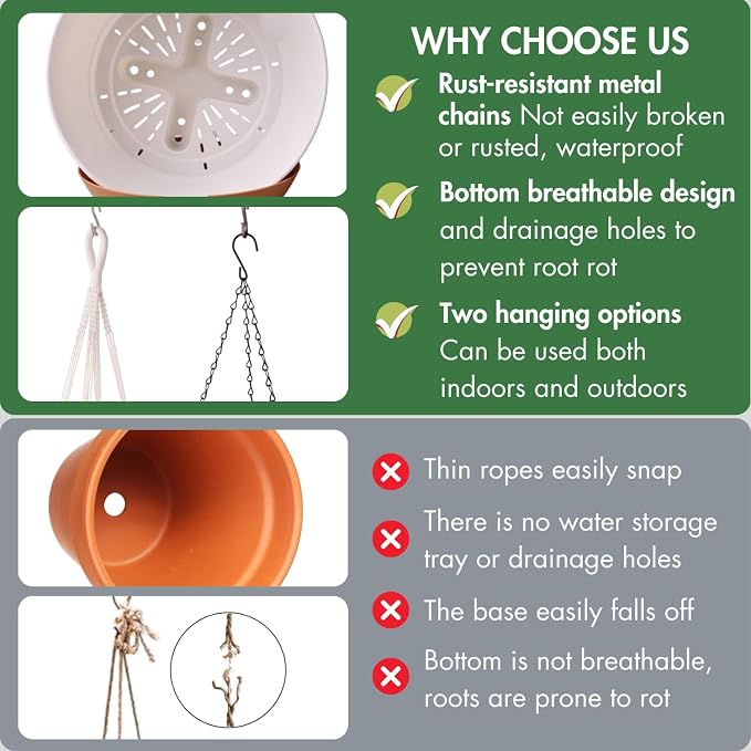 10 Inch Hanging Planters for Indoor Plants,Set of 2 Hanging Pots for Plants with Self-Watering, Outdoor Hanging Plant Pot with Drainage and 2 Kinds of Baskets Hangers for Home Decor and Garden