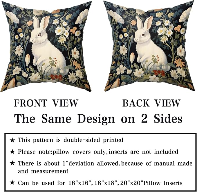 Giwawa 2PCs Easter Bunny Pillow Covers 16"x16" Cute Rabbit Boho Flowers Square Pillowcases Black Spring Floral Wildflower Cotton Throw Cushion Covers for Sofa Couch Patio Indoor Outdoor Decor