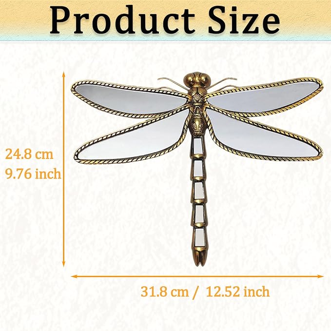 Golden Dragonfly Wall Mirror, Vintage Resin Dragonfly Mirror Wall Decor | Decorative Dragonfly Mirror Wall Sculpture, Insect Mirror Wall Decor, Wall Mounted Decor for Living Room Bedroom and Entryway