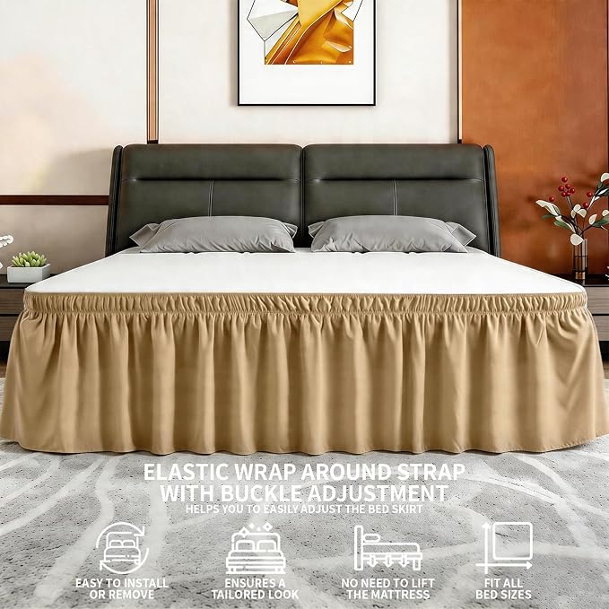 ANARACHON King Bed Skirt, Elastic Wrap Around Bed Skirt King Size, Bed Skirts for Adjustable Bed, Easy Fit with 18" Drop Length Tailored Drop Dust Ruffle (Gold)