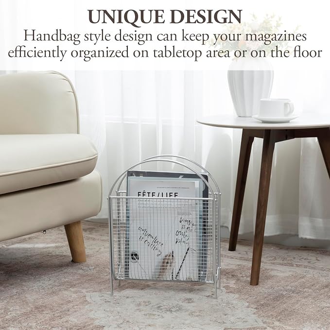 MyGift Mid-Century Silver Metal Mesh Magazine Rack, Freestanding Holder | Mid-century inspired silver mesh rack keeps magazines and newspapers organized in a stylish basket design for table or floor