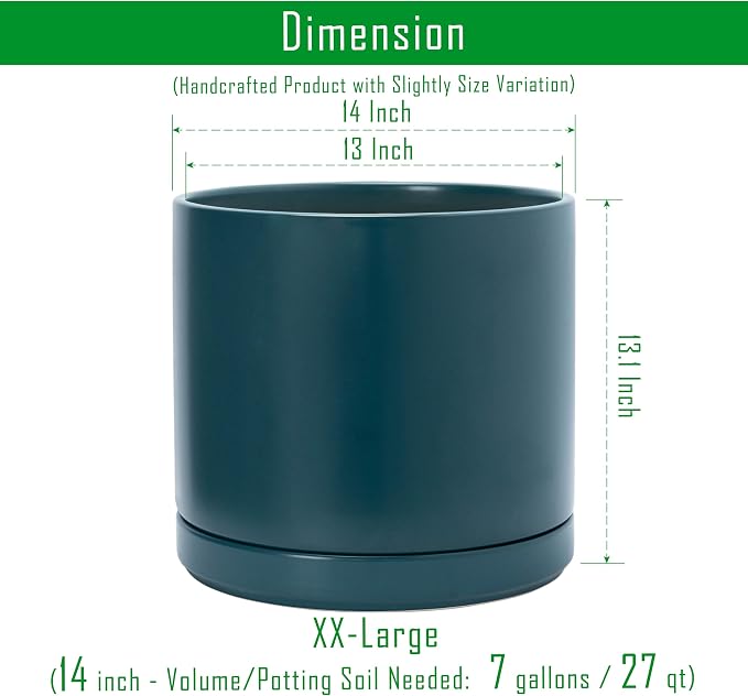 D'vine Dev 14 Inch Ceramic Planter Pot, Teal, 94-O-G-9 | Modern Cylinder Design, Drainage Hole & Saucer Included, Stable Structure, Elegant Home Accent