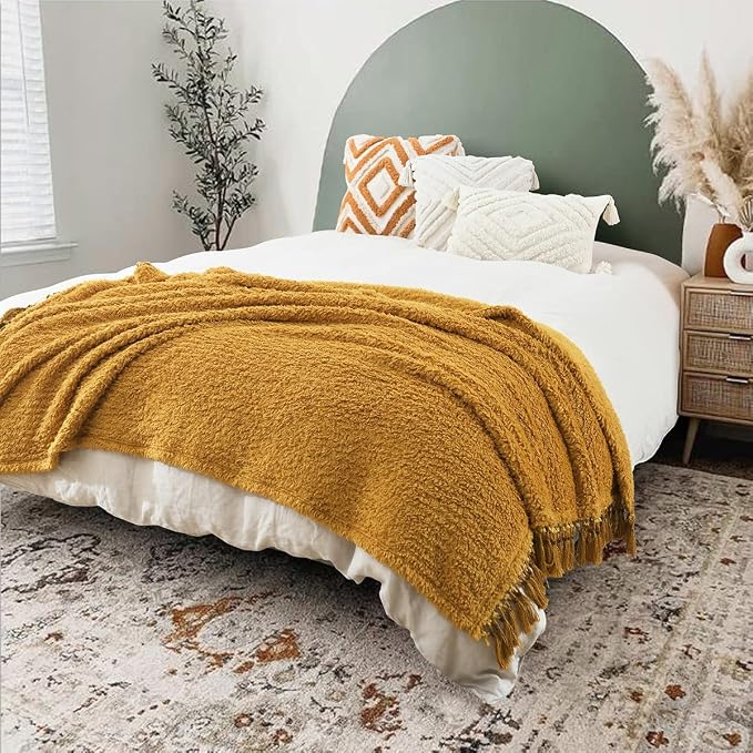 Ultra Soft Cozy Sherpa Throw Blanket, Light Weight Warm Decorative Throw Blanket with Tassel, Mustand Yellow Pattern Reversible Boho Style Blanket for Sofa, Couch, Bedroom,Travel, 60”x80”