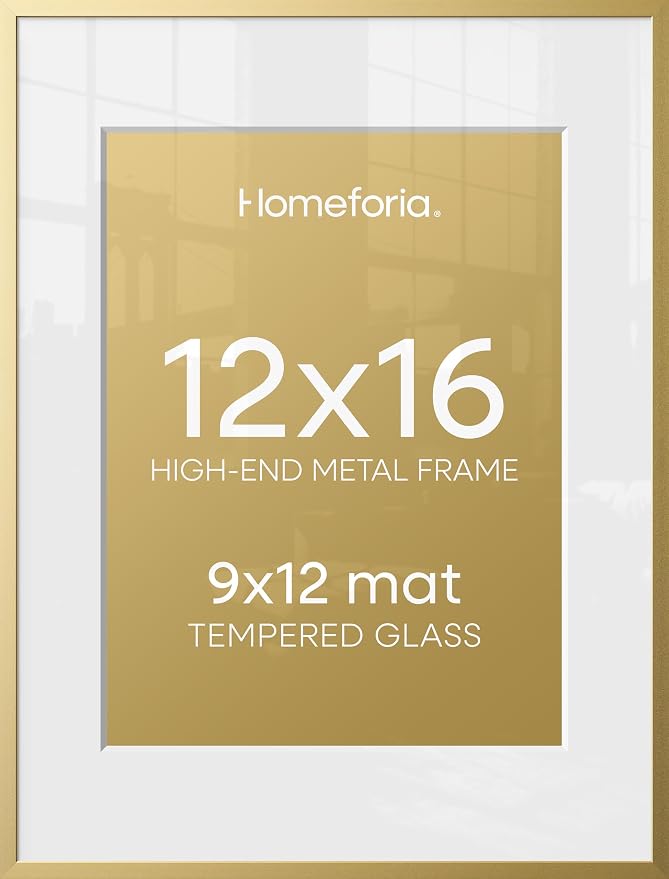 Homeforia 12x16 Gold Picture Frame, High-End Metal, 9x12 Mat, Glass