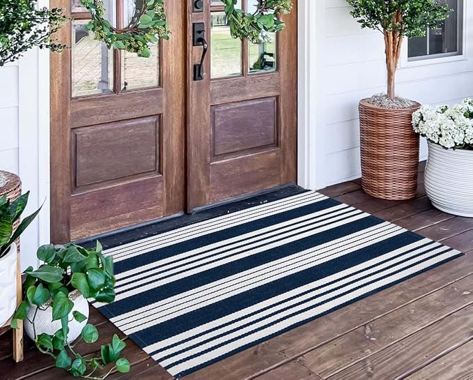 Blue and White Outdoor Rug 24"x51"Washable Cotton Farmhouse Front Porch Rug | Hand-Woven Cotton Indoor Outdoor Layered Doormat For Entryway Combined With Hello Welcome Mat
