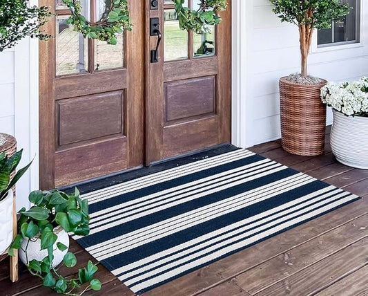 Blue and White Outdoor Rug 24"x51"Washable Cotton Farmhouse Front Porch Rug | Hand-Woven Cotton Indoor Outdoor Layered Doormat For Entryway Combined With Hello Welcome Mat