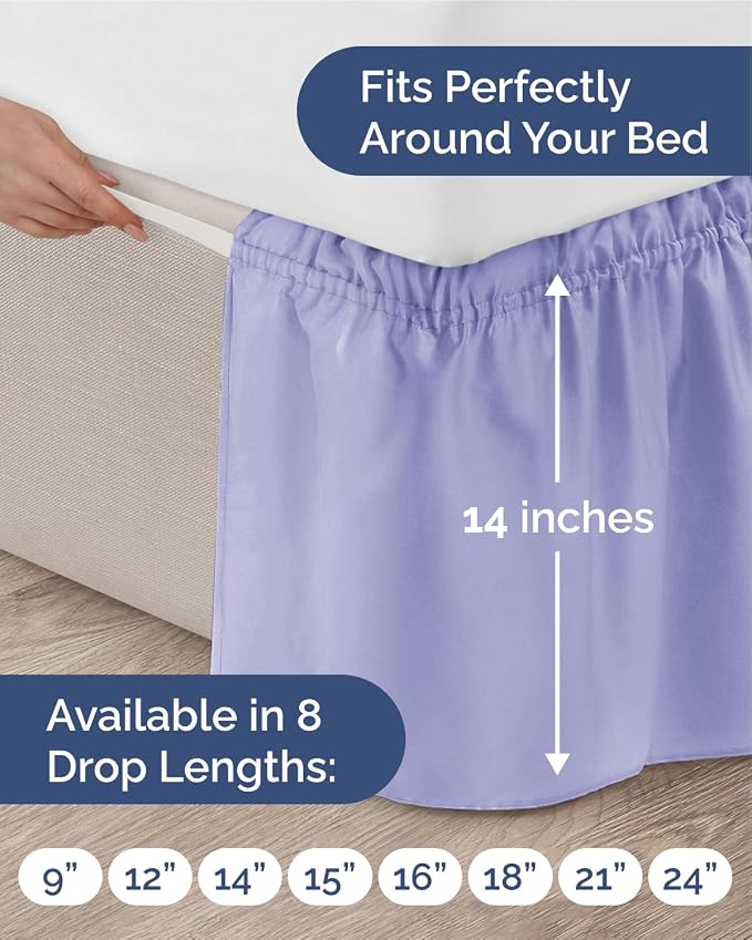 Wrap Around Dust Ruffle Bed Skirt - Lavender - for Twin Size Beds w/ 14 Inch Drop - Easy Fit Elastic Strap - Adjustable Pleated Bedskirt with Brushed Fabric - Wrinkle Free - Women, Men, Kids & Teens