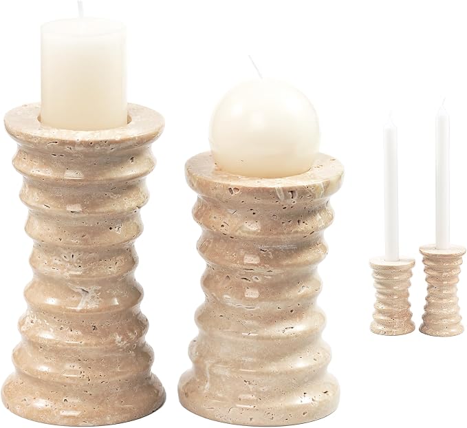 Travertine Marble Candlestick Holders - Set of 2 Stone Candle Sticks Holder Decor, Decorative Modern Candle Stands Multi-Purpose for Taper/Pillar/Tealight/Scented Candles