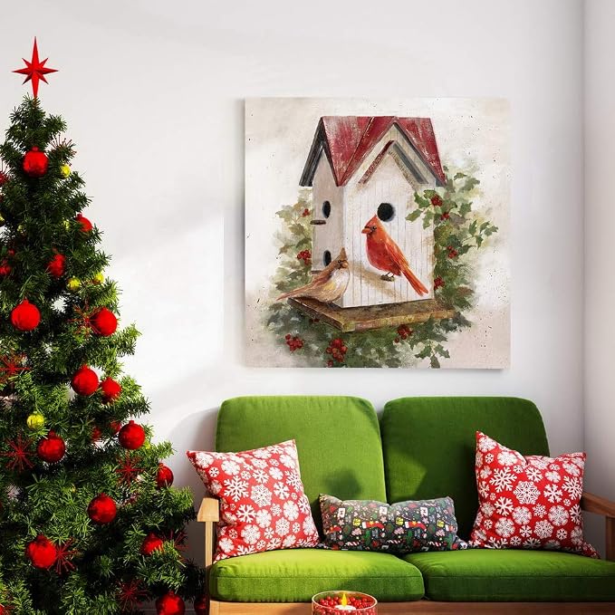 Renditions Gallery Christmas Abstract Wall Art Holly Red Cardinal Birdhouse Canvas Hanging Artwork Prints for Bedroom Living Room & Kitchen Decorations - 32"X32" LT05