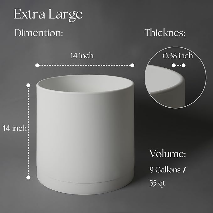 Giraffe Creation 14 Inch Cylinder Plant Pot, Modern Round Planter with Drainage Holes and Saucer, Durable Plastic Flower Pot for Indoor Outdoor Plants, White
