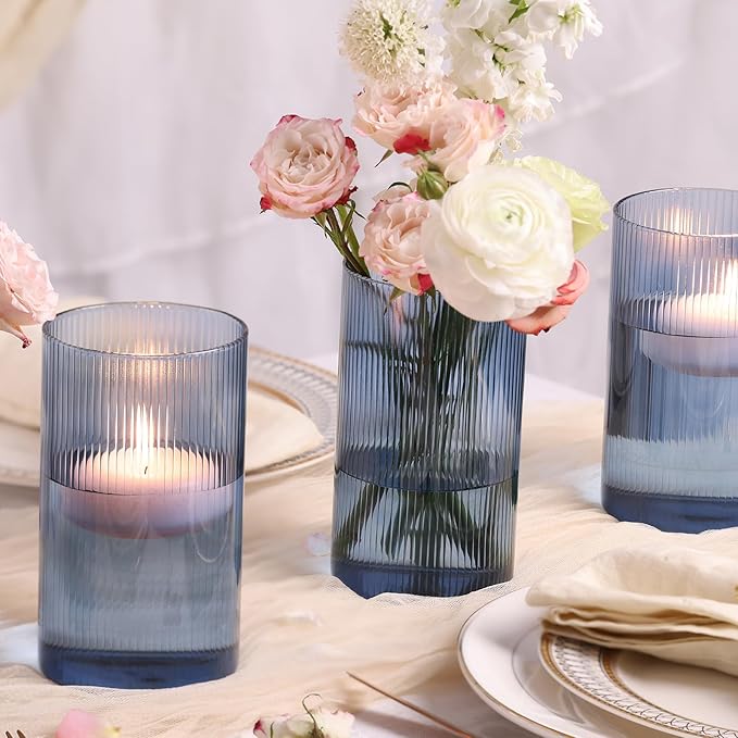 Glass Cylinder Vase 6 Inch Tall- Blue Ribbed Decor for Wedding Centerpieces | Decorative Flower Vase, Hurricane Floating Candle Holder, Christmas Decor, Reception Table, Home Accent, Housewarming Gift