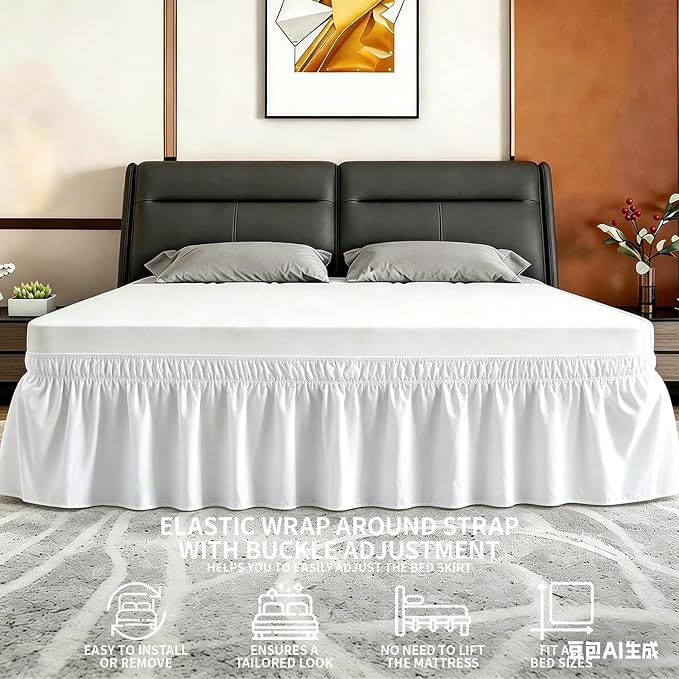 ANARACHON Twin Bed Skirt, Elastic Wrap Around Bed Skirt Twin Size, Bed Skirts for Adjustable Bed, Easy Fit with 14" Drop Length Tailored Drop Dust Ruffle (White)