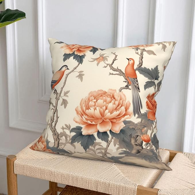 Chinoiserie Throw Pillow Covers 18x18 inch Set of 4 Peony Floral Pillow Cases Bird Flower Decorative Cushion Covers for Sofa Couch