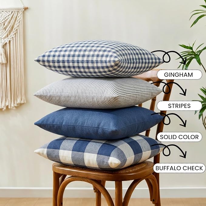 Light Dusty Blue Buffalo Check Plaid Farmhouse Pillow Covers 20x20 Set of 4 | Soft & Durable Decorative Couch Pillow Case Cushion Covers 20 x 20, Light Dusty Blue Pillow Covers, Gingham Checkered Striped
