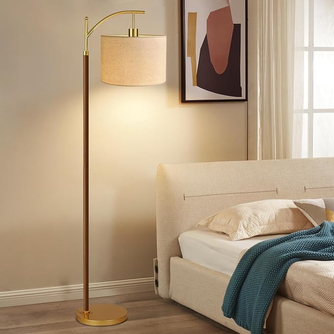 ILLMTW Wood Floor Lamp for Living Room,Bedroom,Vintage Mid Century Modern Standing Lamp with Remote Dimmable,Arc Boho Gold Tall Lamp Fabric Lamp Shade Floor Lights Bohemian Tiffany Style