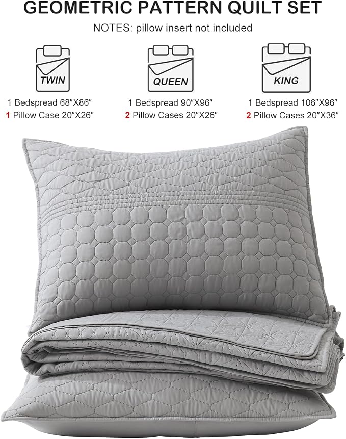 HORIMOTE HOME Grey King Size Quilt Set - Soft Microfiber Bedspread with 2 Shams, Lightweight & All-Season Geometric Coverlet for Cozy Bedding
