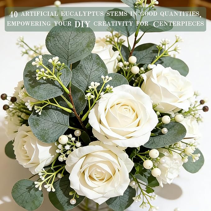 40 Pcs Faux Eucalyptus Leaves Stems Bulk Silver Dollar White Seed Artificial Greenery Stems Fake Sprays Branches for Wedding Table Centerpiece Bouquet Garland Floral Arrangement Home Decor
