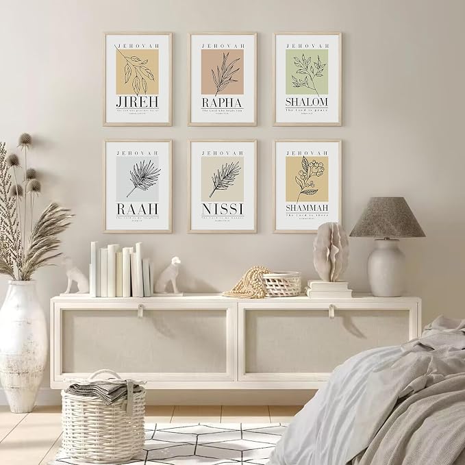 Bible Wall Art Print Set of 6 Christian Scripture Wall Art Decor Jehovah Jireh Rapha Shalom Shammah Nissi Raah Wall Art Bible Verse Poster Modern Minimalist for Bedroom Home 8x10 Inch Wood Framed