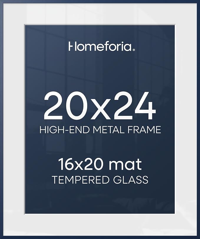 Homeforia 20x24 Blue Picture Frame, High-End Metal, 16x20 Mat, Glass