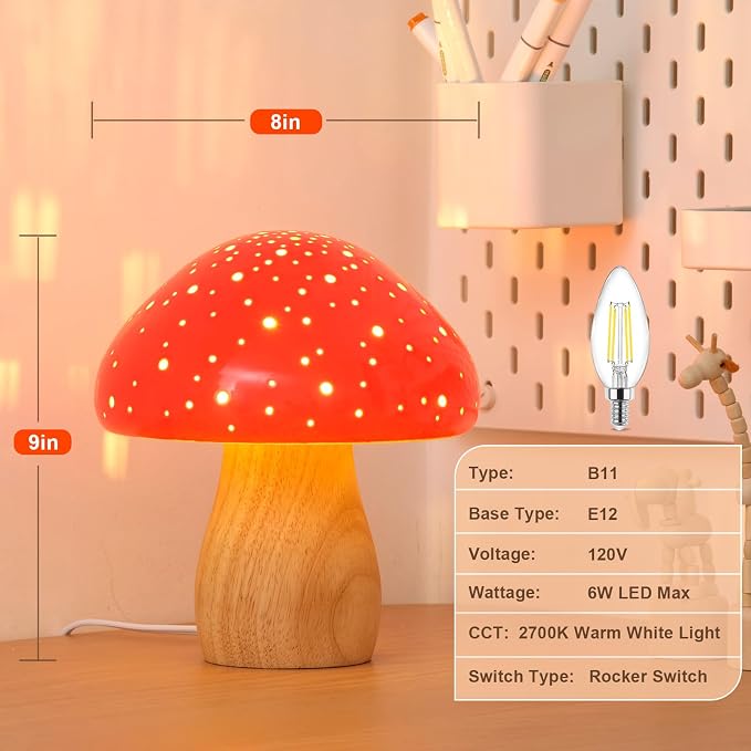 BOHON Mushroom Lamp Ceramic Bedside Table Lamp, Red
