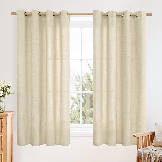 YoungsTex Warm Beige Linen Curtains 63 Inch Length 2 Panels, Light Filtering Drapes with Grommet Semi Sheer Rustic for Bedroom Living Room Windows, 52 X 63 Inch