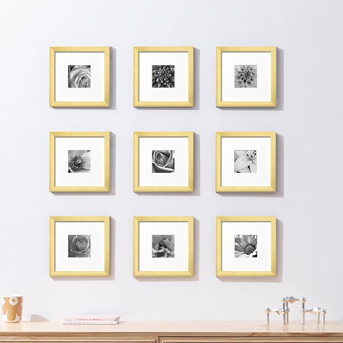 eletecpro Picture Frames Set of 9, 8x8 in, Acrylic Cover, Gold | Display Photo 4x4 with Mat or 8x8 without, Square Gallery Collage, Wall Mount, Minimalist Home Decor, Engineered Wood