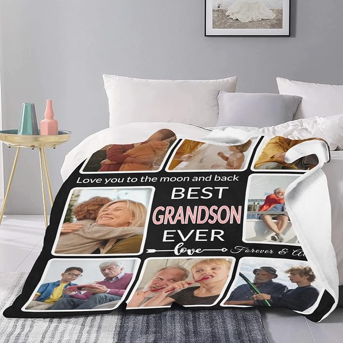 Gifts for Grandson Customized Blanket with Photo, Make a Personalized Blankets with Picture Custom Memories Souvenir Sublimation Throw Blanket for Best Grandson Ever, 8 Collage Made in USA
