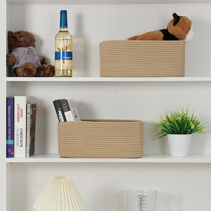 3 Pack Small Storage Baskets for Organizing, 11.8×7.8×5.1", Brown | Woven Baskets for shelves, Cotton Rope Basket for Gifts Empty, Closet Organizer Bins with Handles, Cube Decorative Box