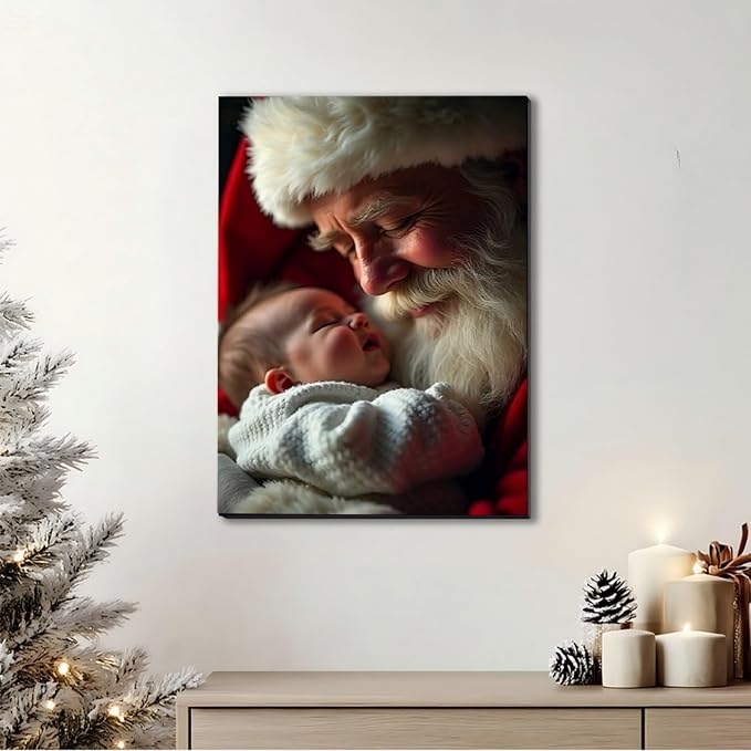Festive Santa with Baby Christmas Canvas Poster 24x36inch - Warm Holiday Indoor Wall Decor, Framed Wall Art for Living Room, Bedroom, Dining Area & Bathroom, Christmas Home Decor
