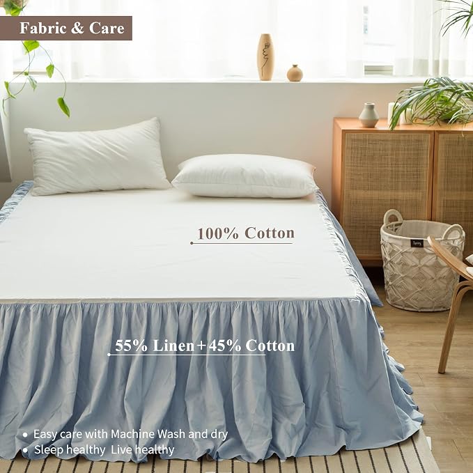 BISELINA French Linen Bed Skirt with Pleated Frills 22-Inch Tailored Drop Natural Flax Cotton Blend Dust Ruffle Soft Cozy Farmhouse Bedding (22" Queen, Dusty Blue)