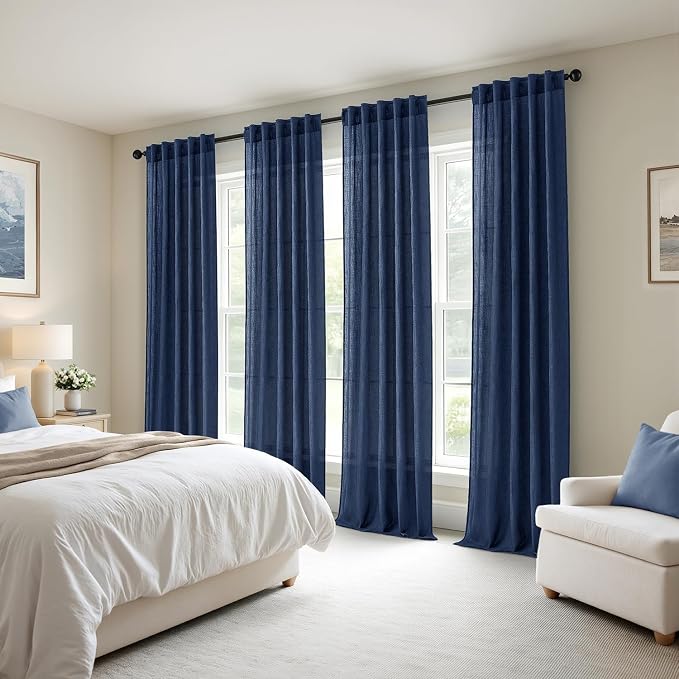 MIULEE Navy Blue Back Tab Linen Curtains 4 Panels 42W x 84L | Linen material, light filtering, rod pocket back tab hanging, farmhouse decor for living room bedroom