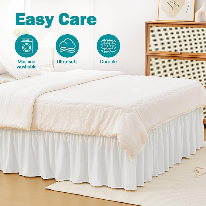 Vocander Queen Bed Skirt 12 Inch Drop, Elastic Wrap Dust Ruffle White | Hides Underbed Storage, No Mattress Lifting, Elastic Stays Put, Soft Fabric, Machine Washable, Polished Look