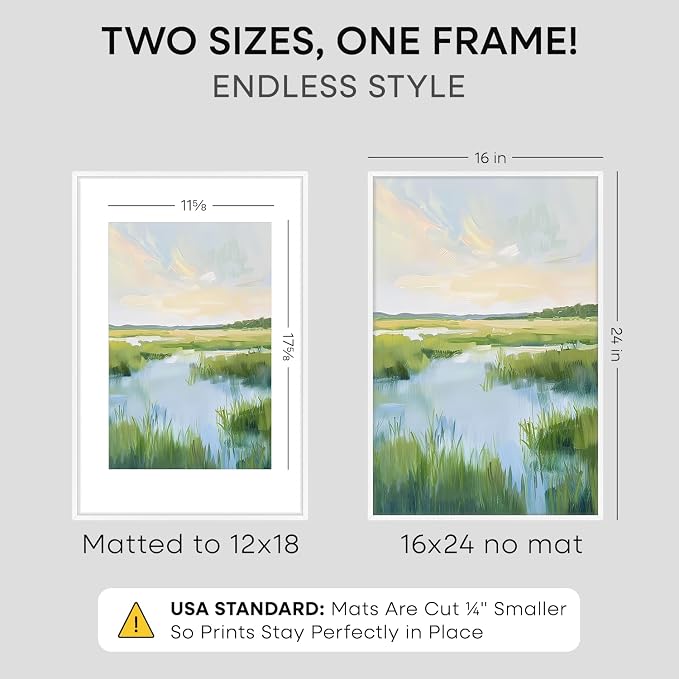 Homeforia 16x24 White Picture Frame, High-End Metal, 12x18 Mat, Glass