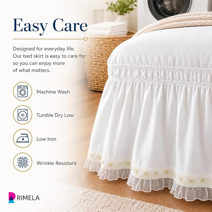 Lace Trim Bed Skirt Queen 15" Drop, Elastic Wrap Around Bedskirt | Solid Ruffled, Easy to Use, No Mattress Lifting, Wrinkle & Fade Resistant, with Adhesive Strips, Machine Wash/Dry/Iron