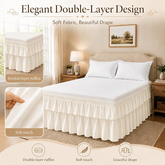 Cream Queen Bed Skirt 14 Inch Drop Double Layer Dust Ruffle