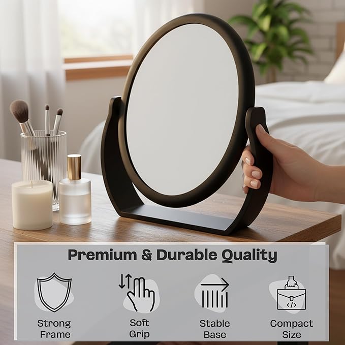 Danielle Creations Oval Soft Touch Vanity Mirror, Black, 1x/7x Magnification Makeup Mirror with Stand, Tabletop & Desk Mirror for Bathroom, Bedroom, Portable Beauty Use