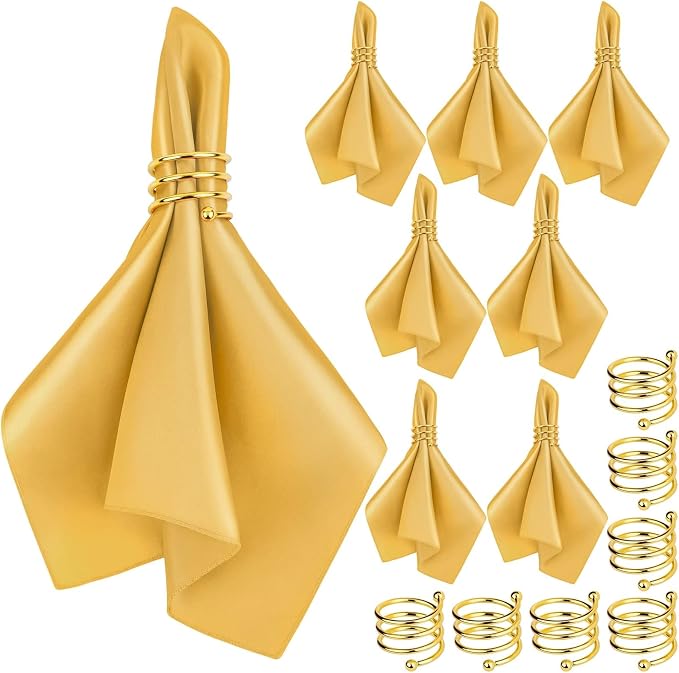 MCEAST Satin Cloth Napkins and Napkin Rings Set of 8, Smooth Fabric Table Napkins and Napkin Holder for Wedding, Birthday Dinner Party, Family Gatherings, Table Decor (Gold, 17 x 17 Inches)