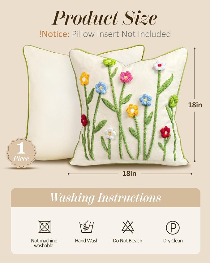 Throw Pillow Covers 18x18 - Tufted Decorative Pillow Cover with Zipper for Couch Sofa Bed Living Room Aesthetic Cute Soft Spring Summer Farmhouse Indoor Pillowcase, Colorful Floral