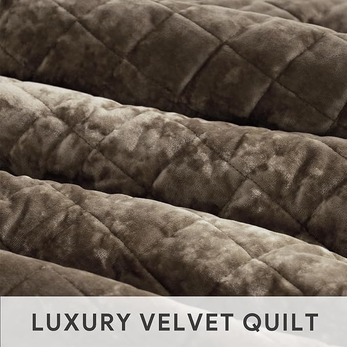RECYCO Channel Box Stitch Velvet Quilt Set, King Size, Mocha Brown | Ultra Soft Lightweight Velvet Comforter, Luxury Oversized Bedspread Coverlet, Quilted Bedding Set for All Season with 2 Shams