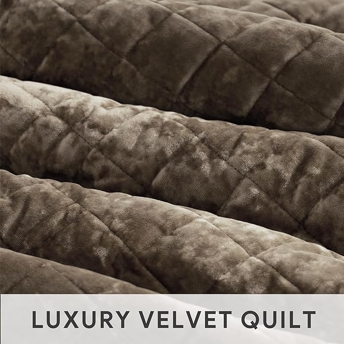 RECYCO Velvet Quilt Set, Oversized California King 118"x106", Mocha Brown | Channel Box Stitch Velvet Comforter Set, Ultra Soft Lightweight Bedspread Coverlet, All Season Bedding Set, with 2 Shams