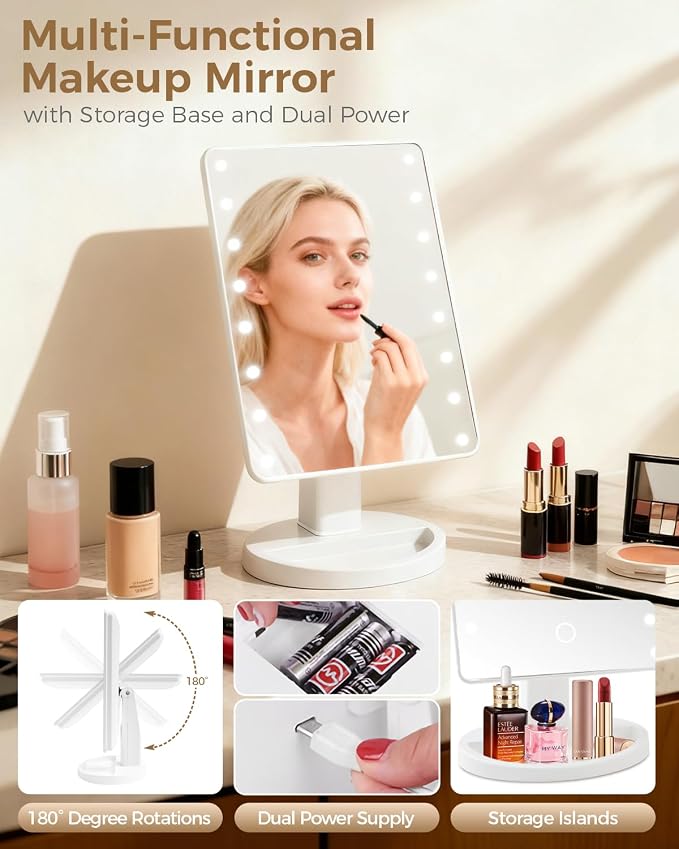 Lighted Makeup Mirror with Lights, Vanity Mirror with Lights, 16 LEDS Dimmable Desk Mirror with Light, Dual Power Supply, Gifts for Teenage Girls, Beauty Makeup Mirror, Dorm Room Essentials for Girls