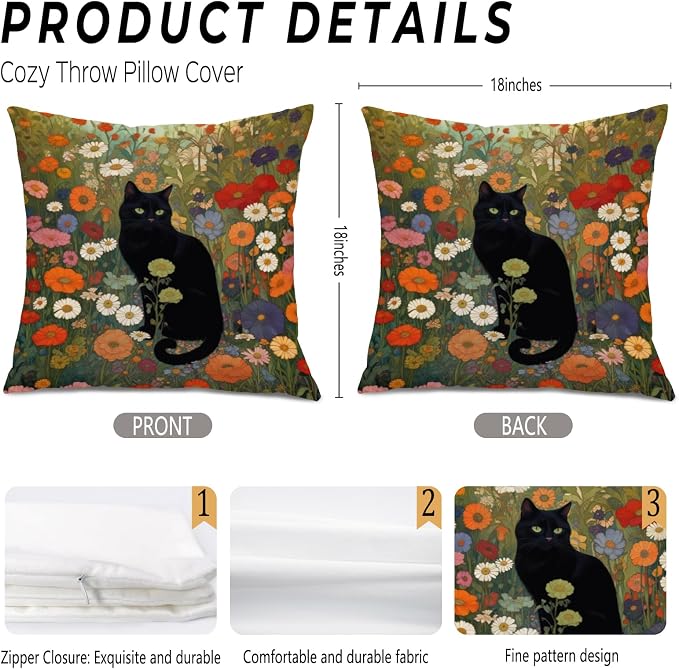 Floral Black Cat Pillow Covers 18x18, Vintage Wildflower Black Cat Decorative Throw Pillow Covers for Home Bedroom Living Room, Gifts for Cats Lovers Women