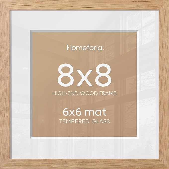 Homeforia 8x8 Natural Oak Picture Frame, High-End Wood, 6x6 Mat, Glass