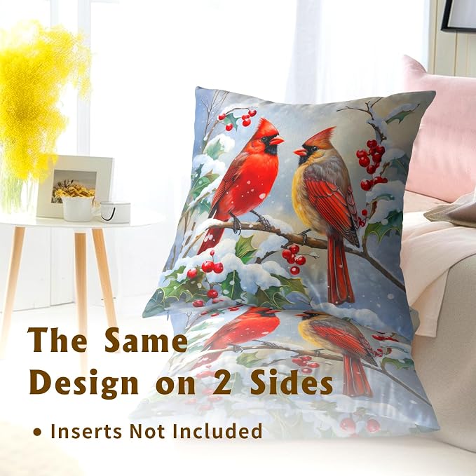 Winter Red Bird Throw Pillow Cover Set of 2 24x24 Inch Winter Christmas Pillowcase Nature Birds Scene Cushion Covers Farmhouse Pillow Protector for Home Bedroom Sofa