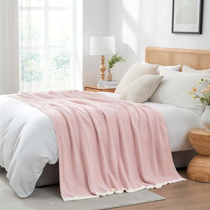 Snuggle Sac Ultra Soft Throw Blanket for Couch Bed Sofa 50x60 inches, Reversible Pink Blanket Microfiber Fluffy Fuzzy Cozy Knit Throws for Women Mothers Birthday Gifts