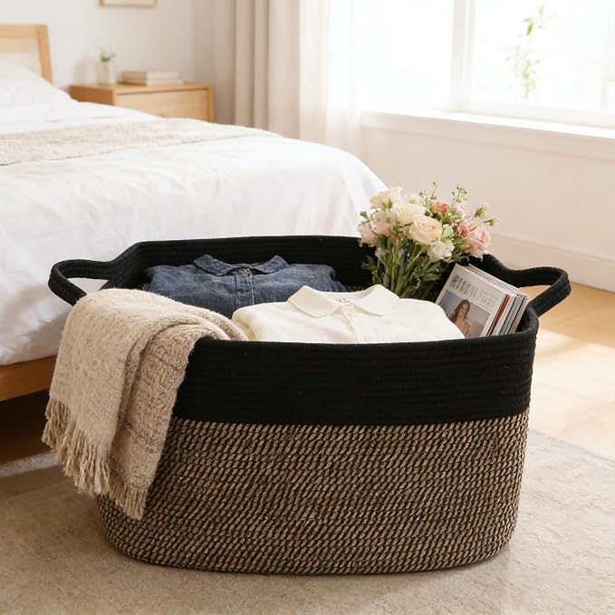 96L Laundry Basket with Handles, Extra Blanket Basket, Black/Jute | 24"×16"×15" Collapsible Cotton Rope Storage Basket for Toys Clothes & Pillows, Nursery, Bathroom, Bedroom, Living Room