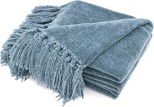 RECYCO Throw Blanket Soft Cozy Chenille Throw Blanket with Fringe Tassel for Couch Sofa Chair Bed Living Room Gift (Dusty Blue, 60'' x 80'') | Super Soft Knit Throw Blanket with Fringe Tassels, Lightweight Knitted Throw, Cozy, Ideal for Sofa Chair Bed ...