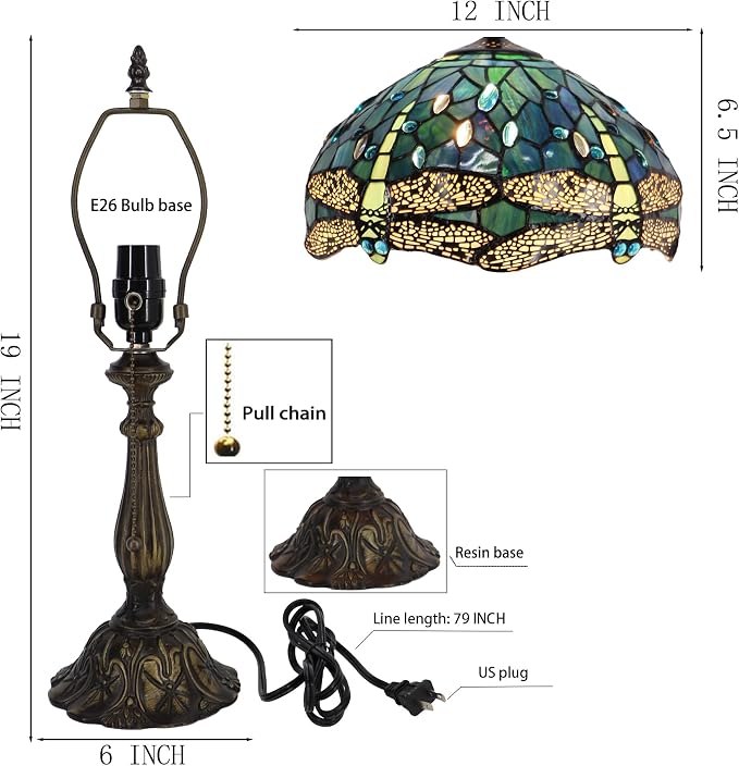 Tiffany Table Lamp Stained Glass Bedside Reading Light W12H19 inch