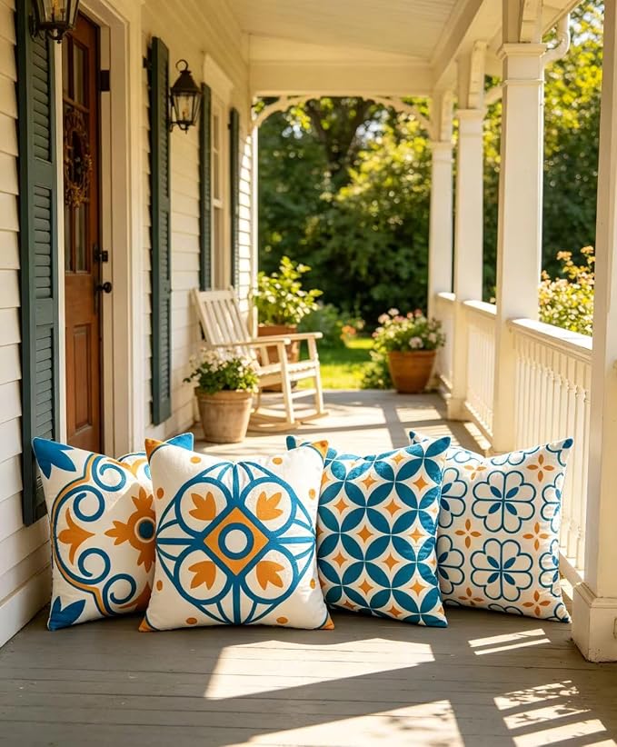 Set of 4 Boho Throw Pillow Covers 18x18 Inch, Blue Orange Pattern Decorative Pillow Case Soft Square Velvet Cushion Covers for Couch, Sofa, Living Room, Bedroom, Patio, Porch, Outdoor Home Décor
